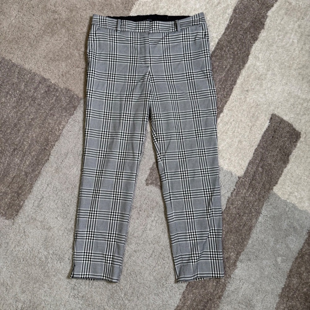 Talbots Hampshire Ankle Pants 8P Womens Black White Glen Plaid Trousers Stretch